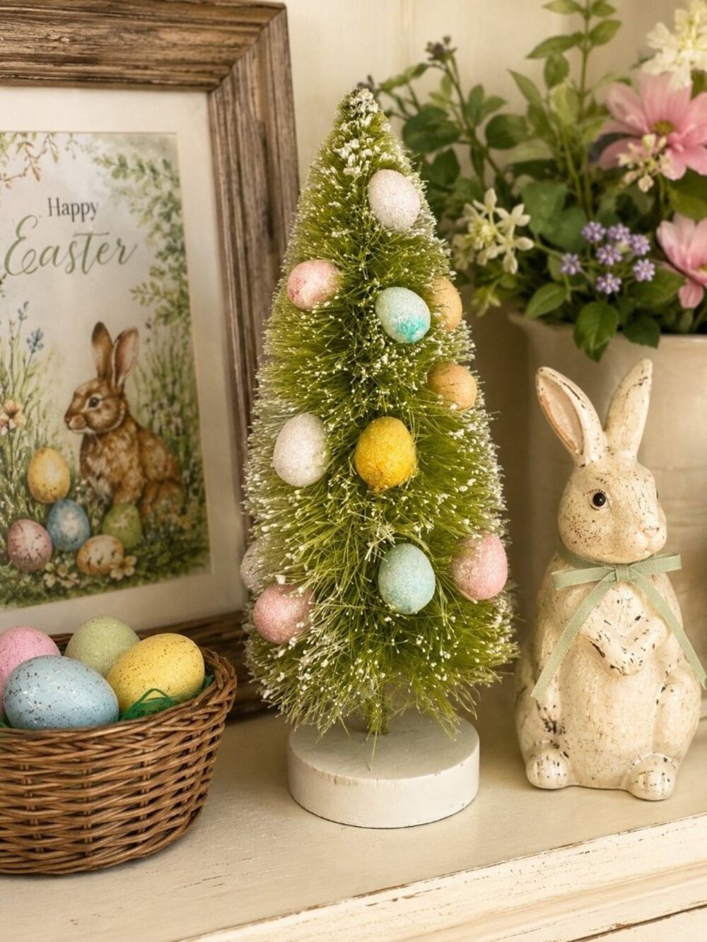 Bethany Lowe Easter Bottle Brush Tree Pastel Glitter Eggs Spring Decor 8.5"